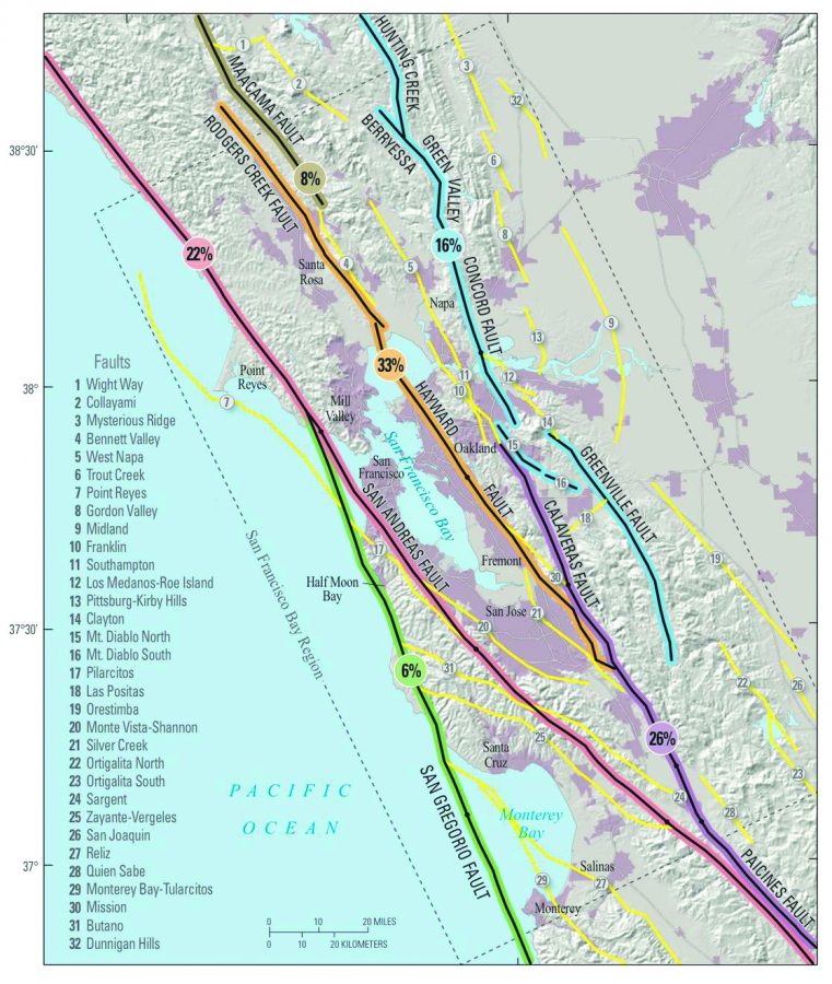 This+map%2C+produced+by+the+United+States+Geological+Society%2C+shows+the+likelihood+of+a+major+earthquake+striking+the+various+California+faults.+Two+faults+that+cross+the+Bay+Area%2C+the+San+Andreas+and+Hayward+faults%2C+are+among+the+highest+at+22+and+33+percent%2C+with+the+Calaveras+Fault+in+between+with+a+26+percent+probability.