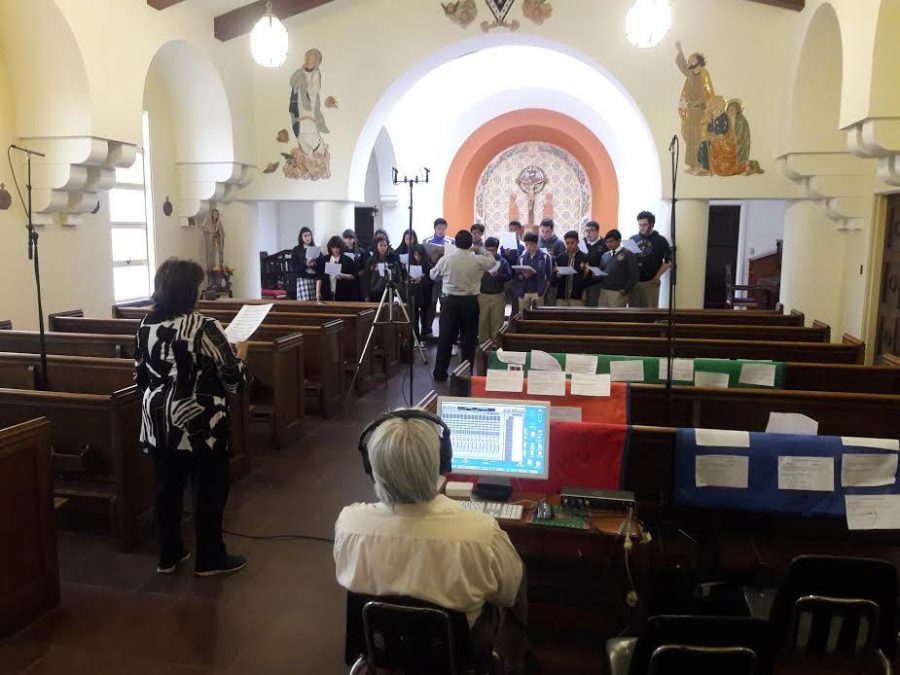 Members of the Marianist Crusader Choir practiced in the school chapel.