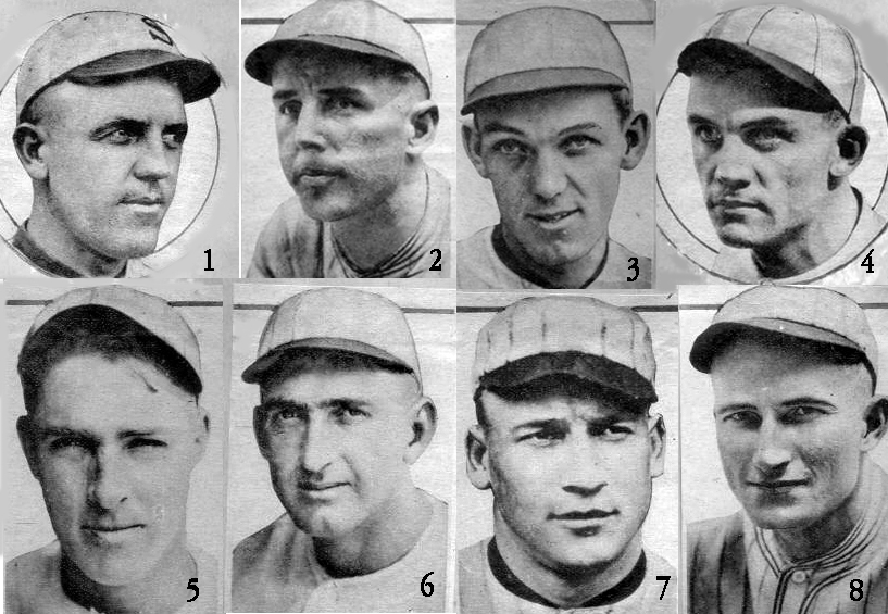 Eight members of the Chicago White Sox were accused of accepting
money to throw the 1919 World Series. Risberg is 5, Jackson is 6