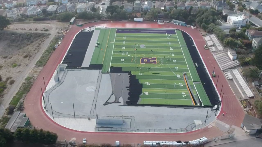 As seen from a drone, the Mayer Family Field is nearing completion.
