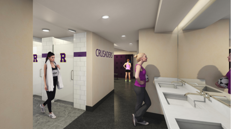 This illustration of the women’s locker room by Tony Pantaleoni ’70 shows the design for one aspect of the new multi-room athletic facility.