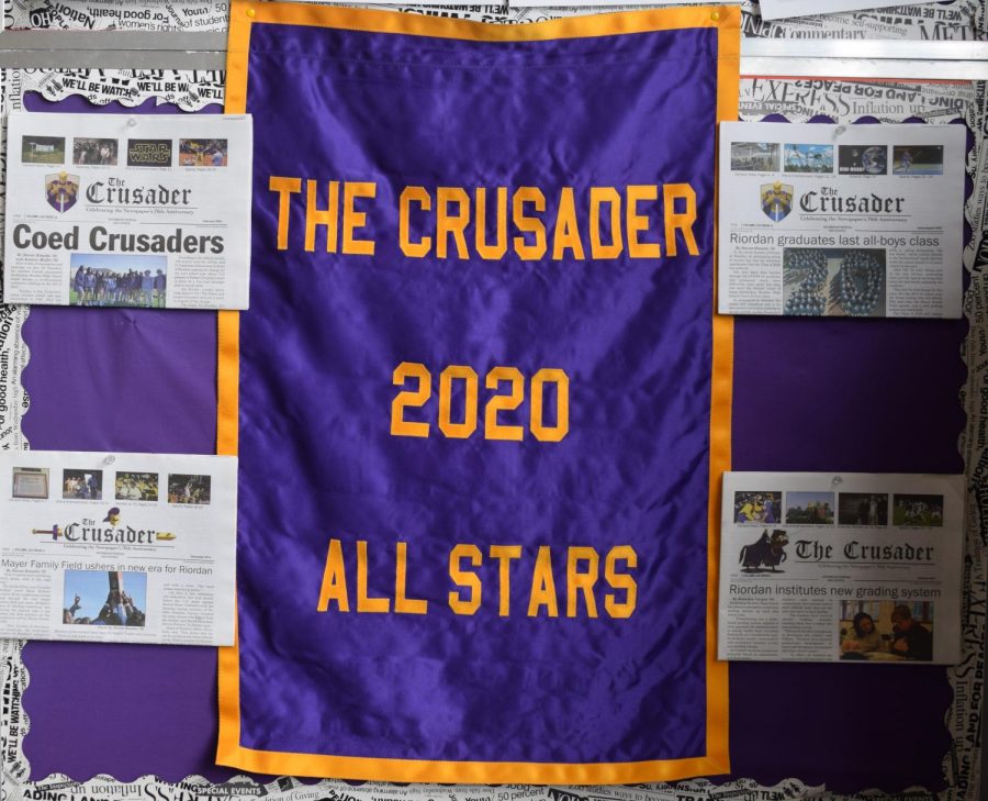 In recognition of their accomplishments during the school year, the Archbishop Riordan Administration presented The Crusader 2019-2020 staff with this banner.  
