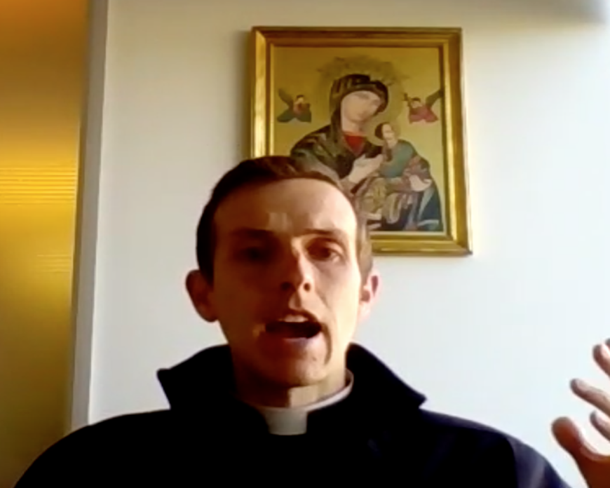Chaplain Fr. Cameron Faller delivers his weekly Gospel reflection digitally. 