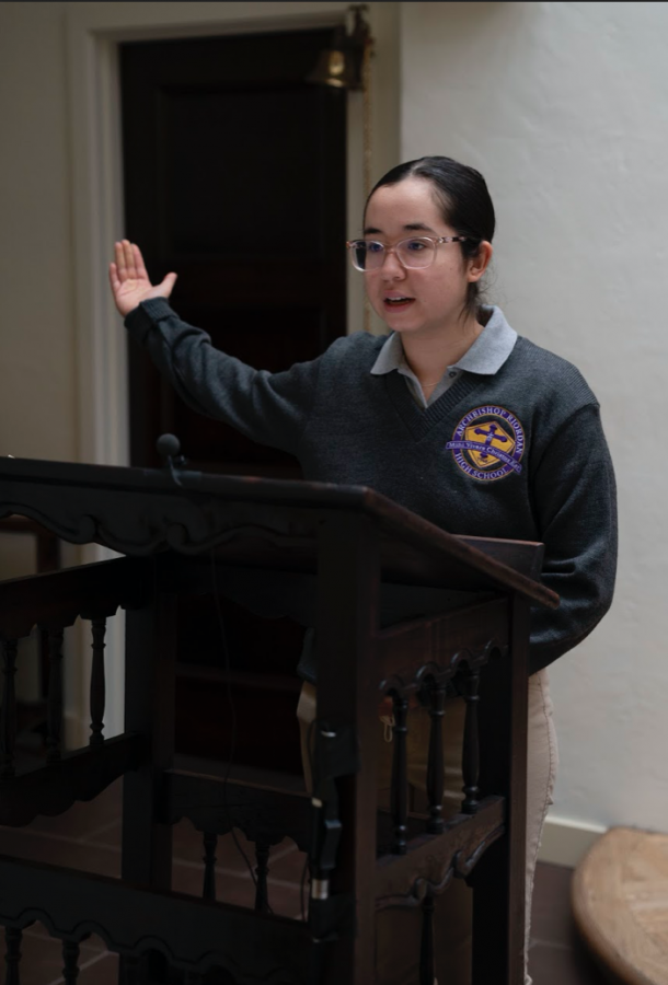 Maya Torres ’22, member of the ARHS CORE Team, reads the responsorial psalm at one of this year’s prayer services.