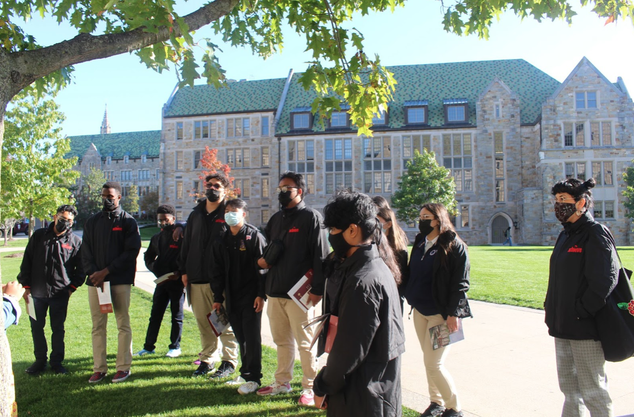 Every college provided the students with a campus tour and an information session led by a current student and an admissions representative. At Boston College (pictured above), the students listened to a current senior who gave them a presentation and a tour of the entire campus while the sun smiled down on them.

