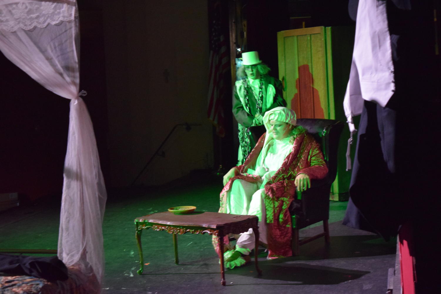 The ghost of Jacob Marley (Andrei Lynch '22) visits Scrooge (Abby Donovan '22) on Christmas Eve. 