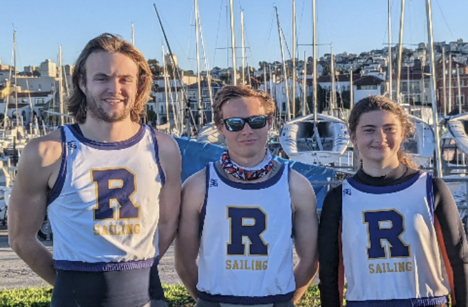 Teammates Declan Donovan ’22, Antonio Priskich ’23, and Eva
Bennett ’25 won the High School Sailing Championship last month.