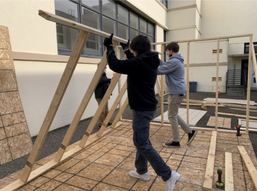 Students in the engineering program, along with teacher Frank
Torrano, built a storage shed for supplies in the inner courtyard.