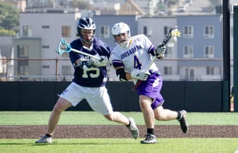 Nico Berdichevsky ’24 goes into attack mode in the home game against Carlmont on April 9.