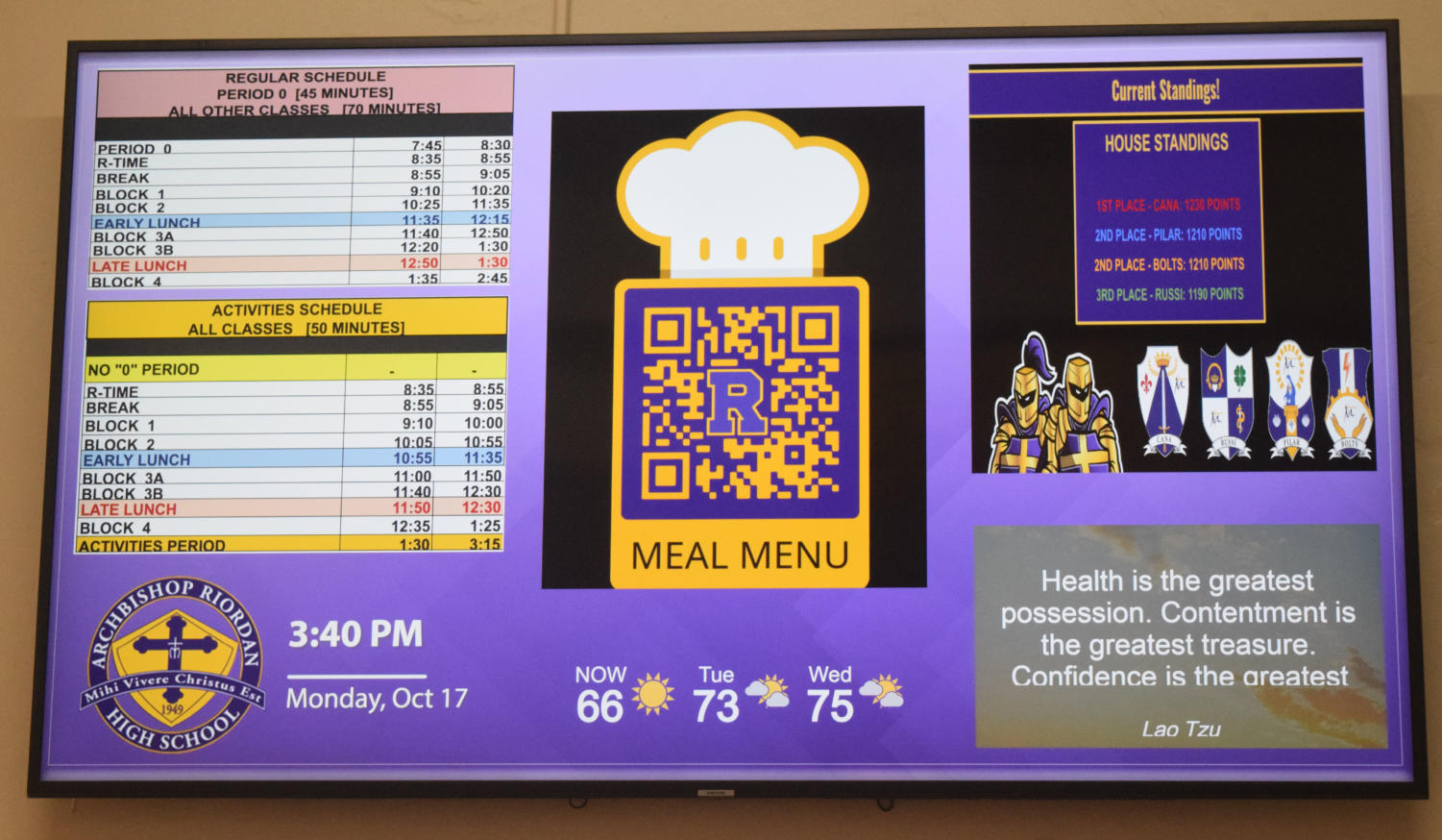 The daily schedule is posted on the school calendar via the website and also on the large screen in the main hallway. 