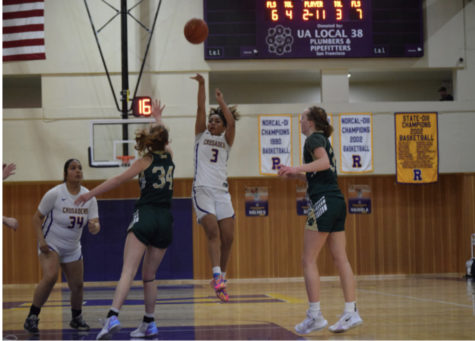 Aaliyah Dias ’23, Varsity shooting guard, pulls up with a jumpshot, contributing to the win against Maria Carillo, as Kona Dacoscos ’25 waits for a rebound.