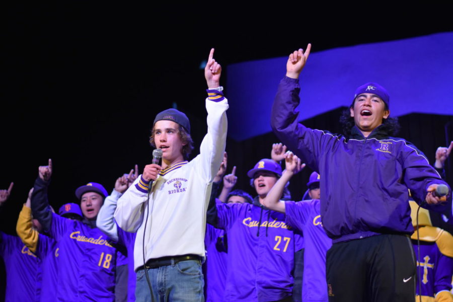 Will Parker ’24 and Santino Martinez ’24 lead the alma mater, ending the Spring Rally