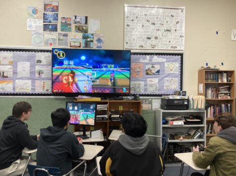 Students on the eSports Team play Mario Kart after school on Activities Day.