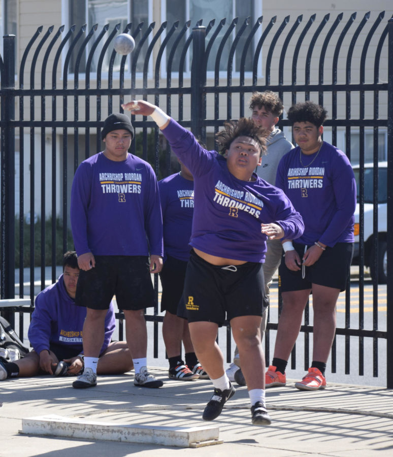 Brandon Chongco 24 throws the shot put during a field competition against Saint Ignatius College Preparatory last month.
