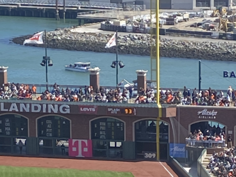 Climate change has increased the number of home runs hit by players–with the SF Giants Splash Hit counter at Oracle Park marking 99 splash hits–home runs–into McCovey Cove as of press time. (Photo taken in May 2022 with 93 splash hits.)
