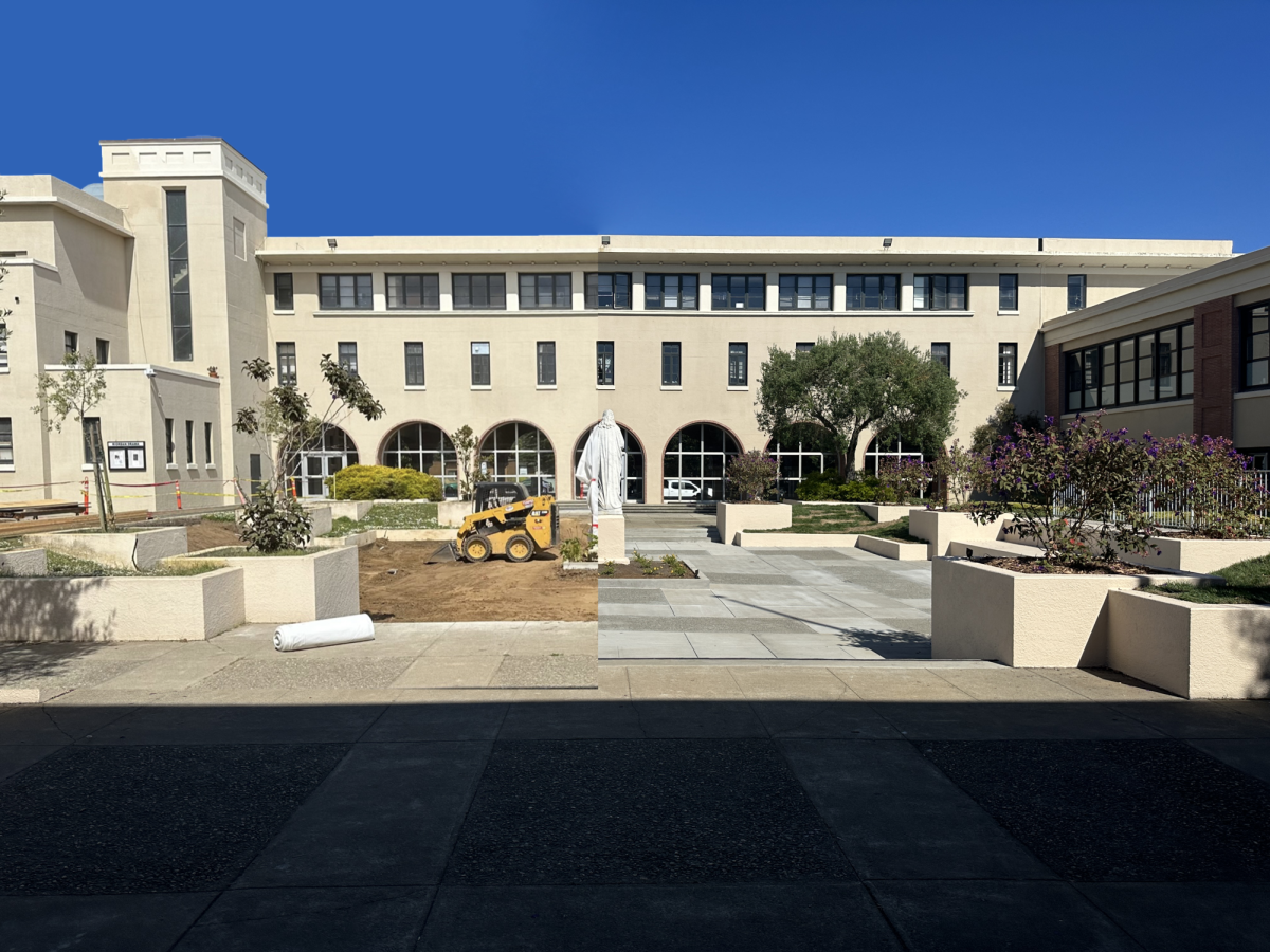 The left side of this photo composite depicts the courtyard undergoing construction this summer, and the right side is the finished product.