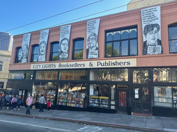 City Lights Bookstore decorated with banners celebrating its literary history