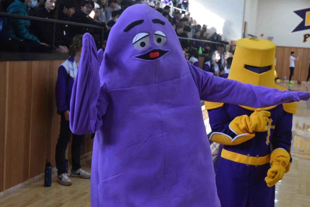 Big Purple made a comeback appearance at the winter rally, joining the Crusader mascot.