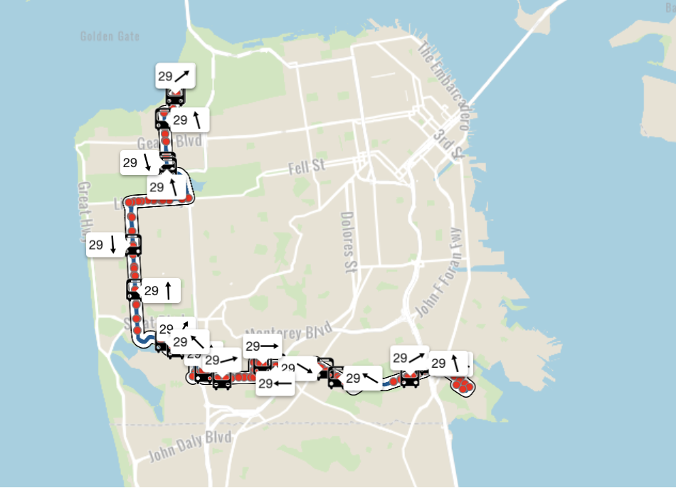 This map shows the route of MUNIs 29 Sunset bus. 