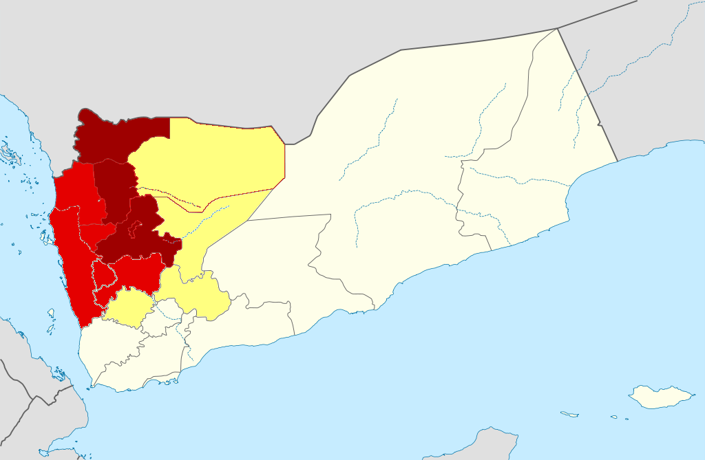 A map of Yemen showing what areas are under Houthi control. Dark red=Houthi control, red=contested control, yellow=Houthi presence