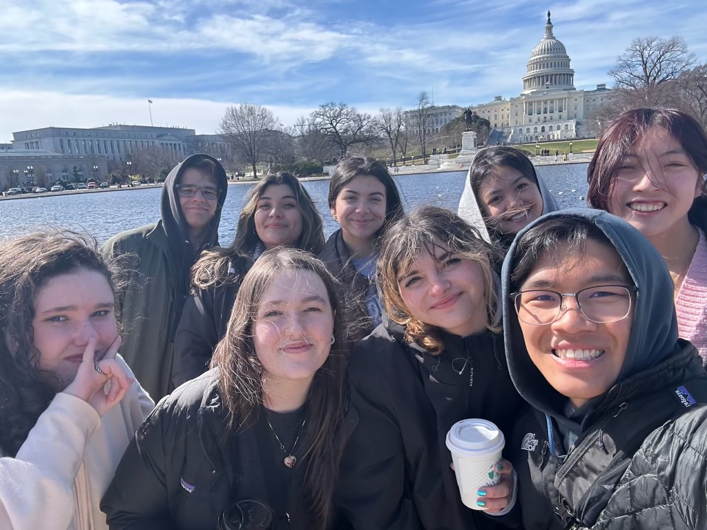 Group photo of Riordan students at the Capitol building. Back row from
left to right Max Reese ’24, Michelle Chavero ’24, Brianna Carrasquilla ’25,
Heather Nguyen ’25, and Katelyn Leong ’25. Front row from left to right,
Ashling Greene ’25, Lexie Neil ’25, Elena Paris ’25, and Sean Reyes ’25.