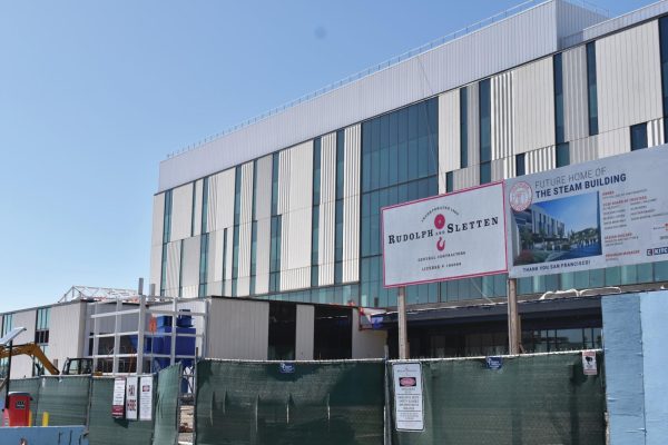 A signs stands before the building under construction, announcing its future use in devotion to Science, Technology, Engineering, Arts, and Math at CCSF.