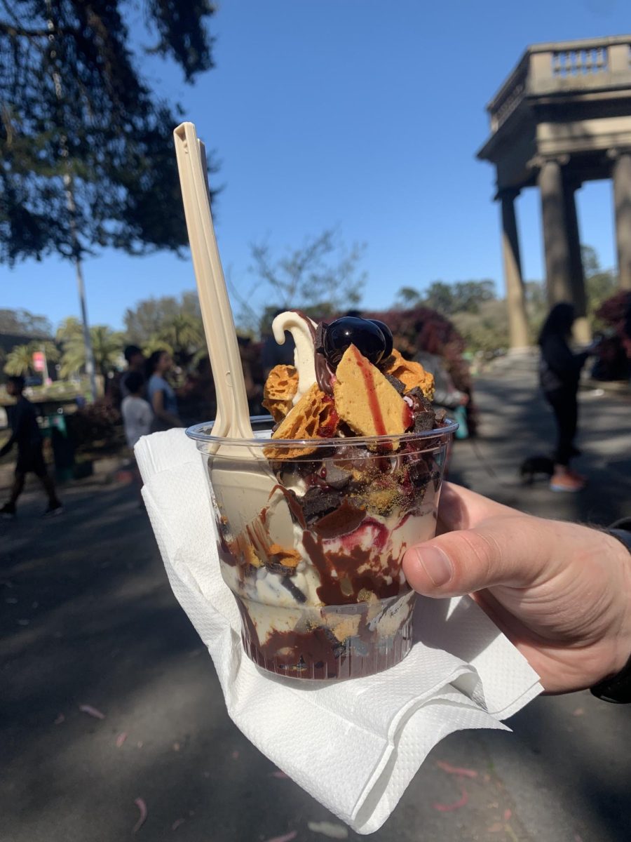 A cupful of soft serve ice cream sprinkled with fudge, candy, and chocolate.