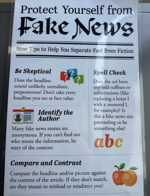 This post, which advises students to Protect Yourself from Fake News, hangs in The Crusader newsroom at Riordan. 