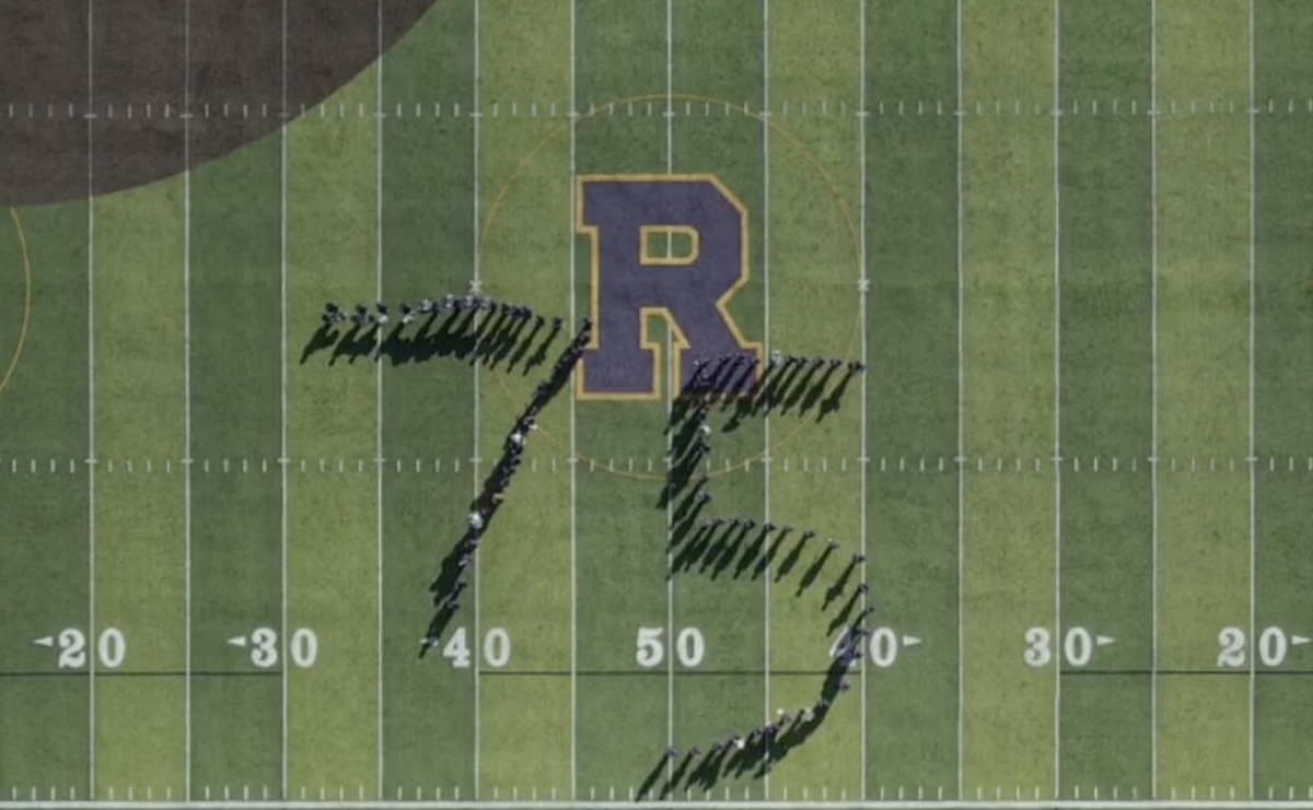 The Crusader band positions in a “75” formation to celebrate the 75th
anniversary of the school at a football game on Mayer Family Field last month.