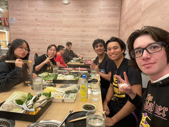 Left to right editors Taylor Tran '25, Loghan Hwang '27, Ishaan Gupta '26, Aiden Pavon '25 and Vincent Douglas'25 enjoy a meal at Mumu Hotpot.