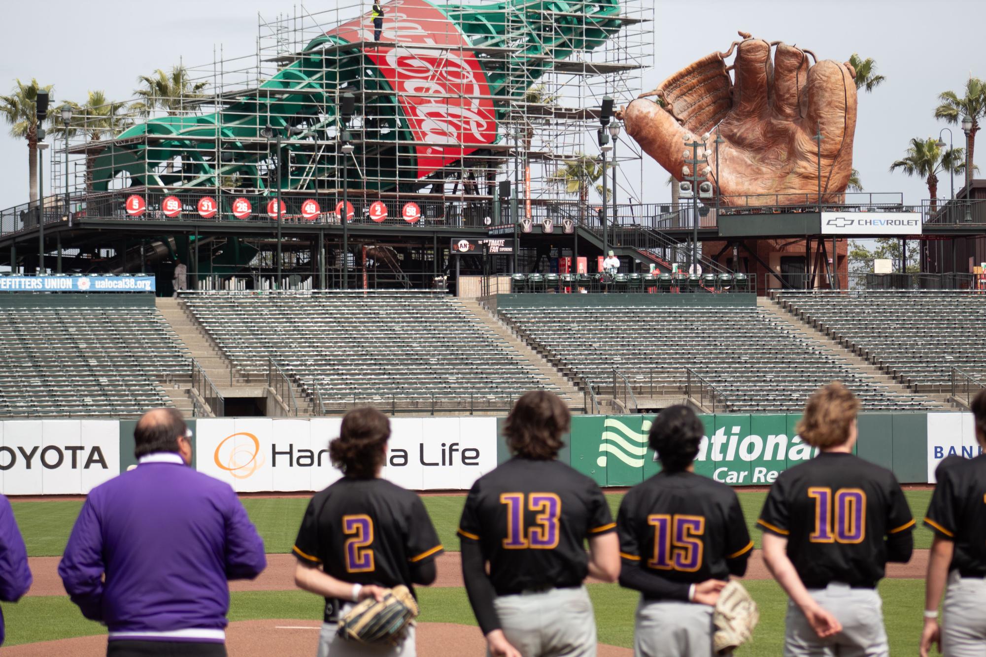 The Crusaders prepare to play against Marin Catholic High School on the iconic diamond of Oracle Park.