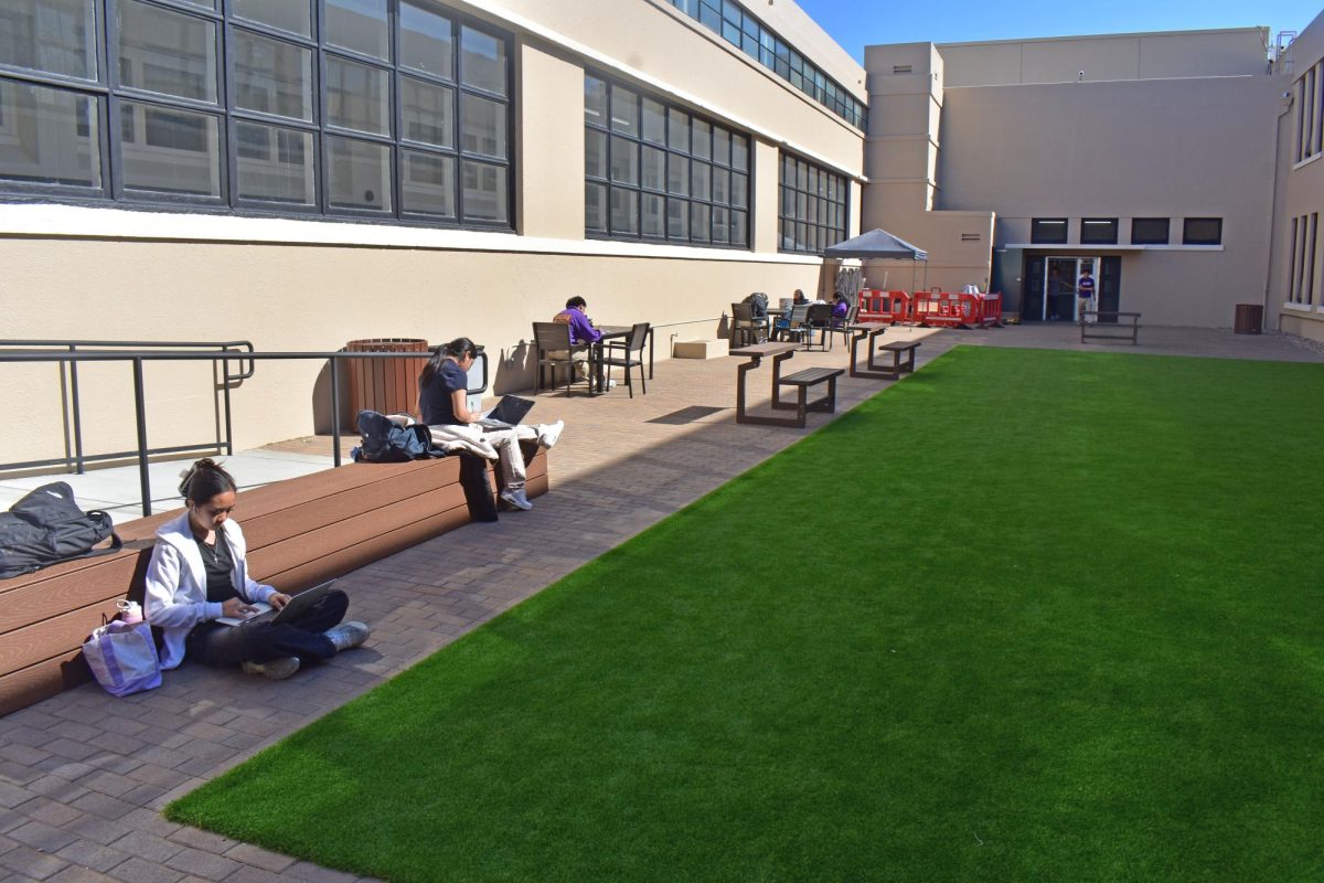 Students spend their open block completing work in the new student park.