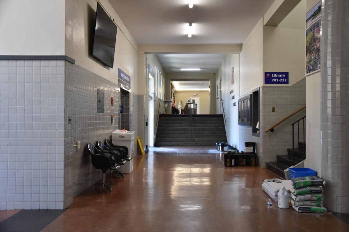 The first floor hallway near the front lobby was brown before renovations.