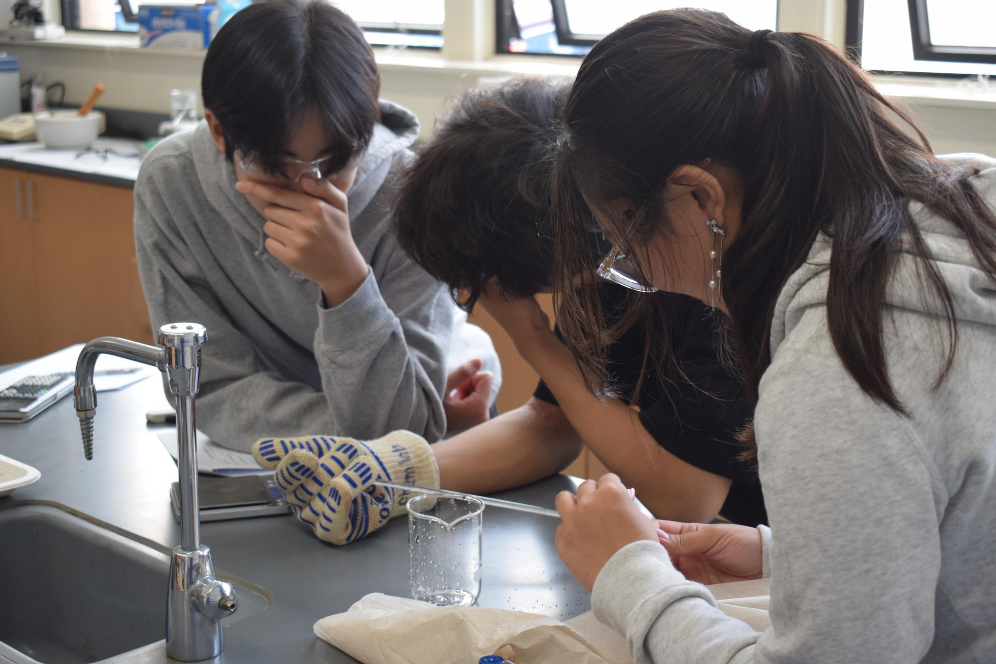 Sean Tan ’27, Nathan Cheng ’27, and Luna Weng ’28 take a critical look on how to start the lab process.