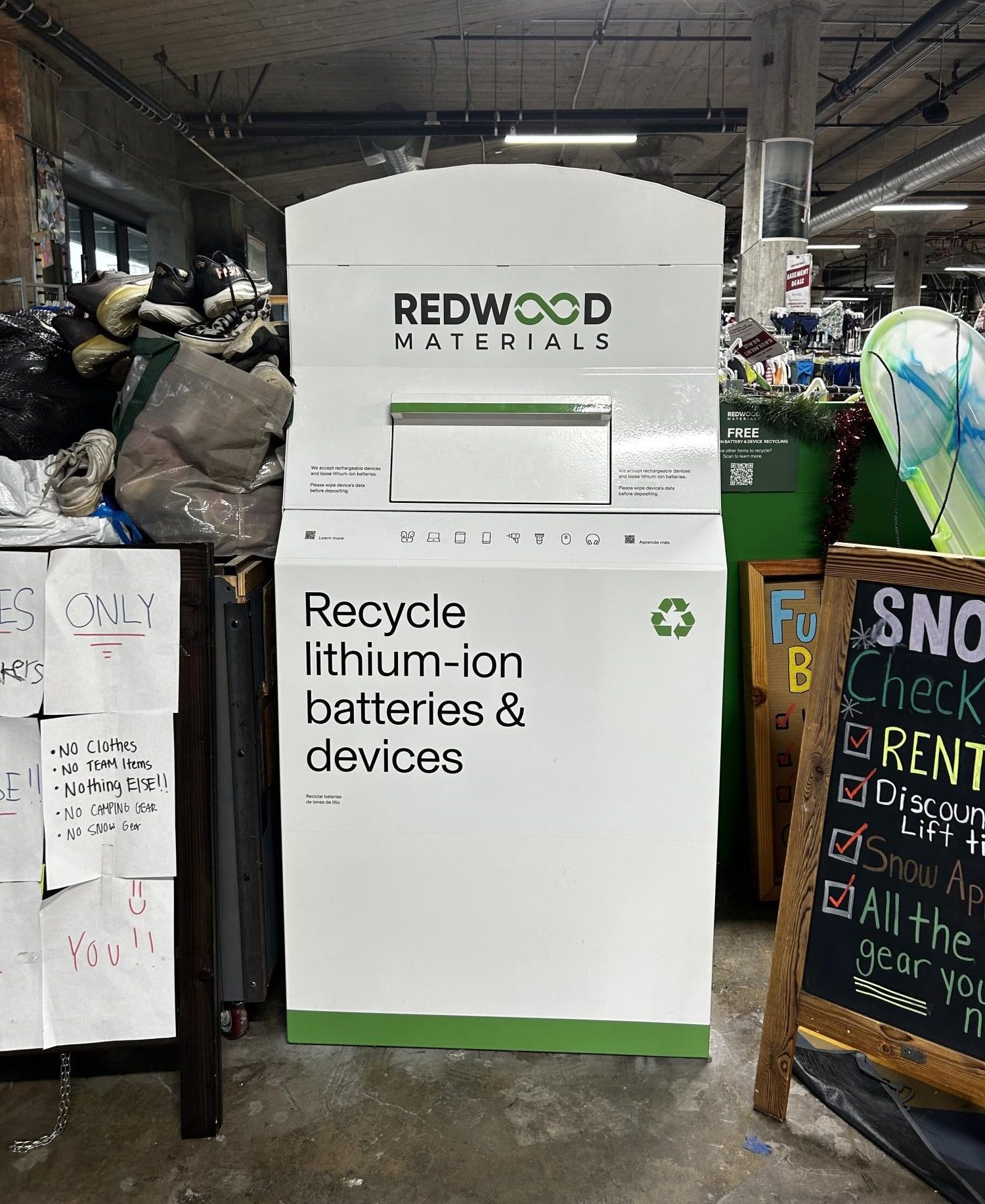 At Stonestown’s Sports Basement, a Redwood Battery Bin is ready to collect.