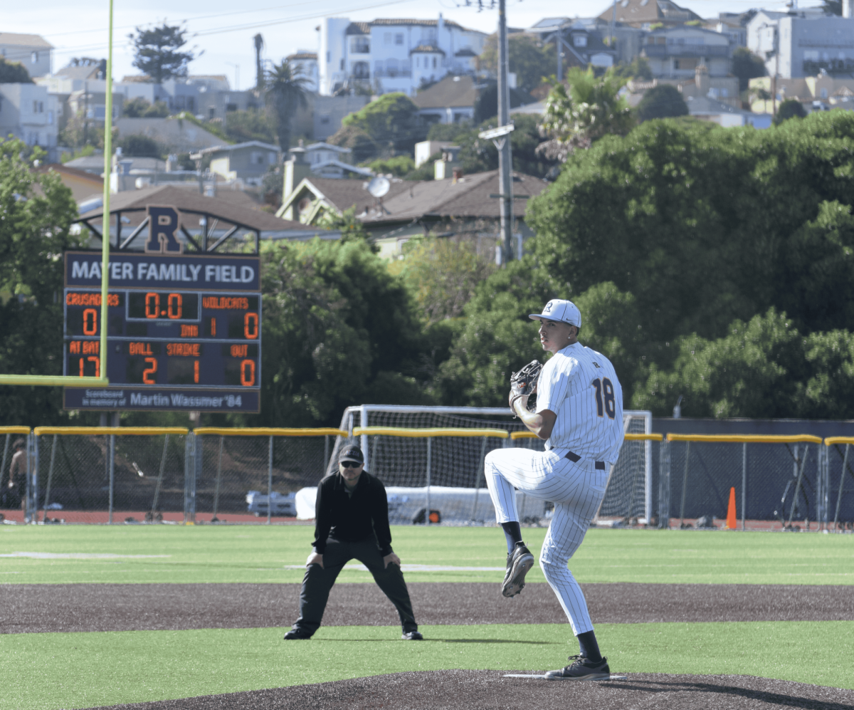 Santino Williams ’27 prepares to fire a pitch in a rivalry game versus SI.