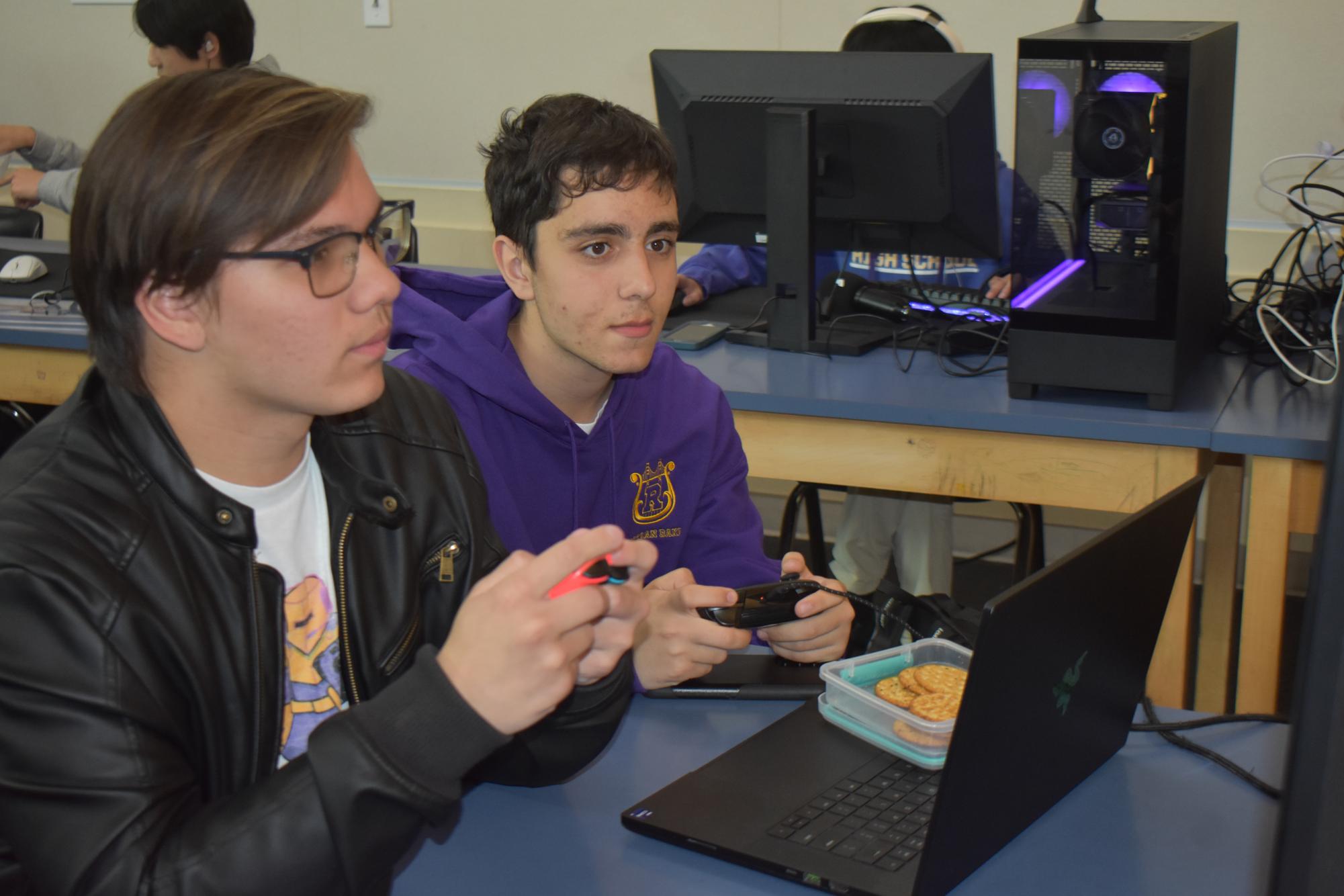 Mario Kart players Giorgi Kavtaradze ’27 and Robert Pon ’26 practice their skills ahead of the esports playoffs.