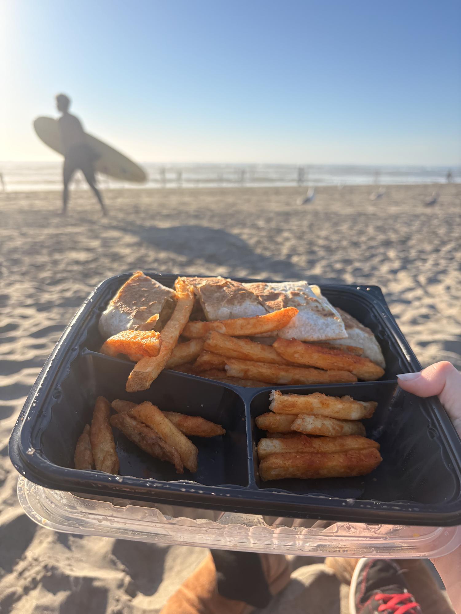 Chopped up shawarma with crispy fries enjoyed at the City’s Ocean Beach.