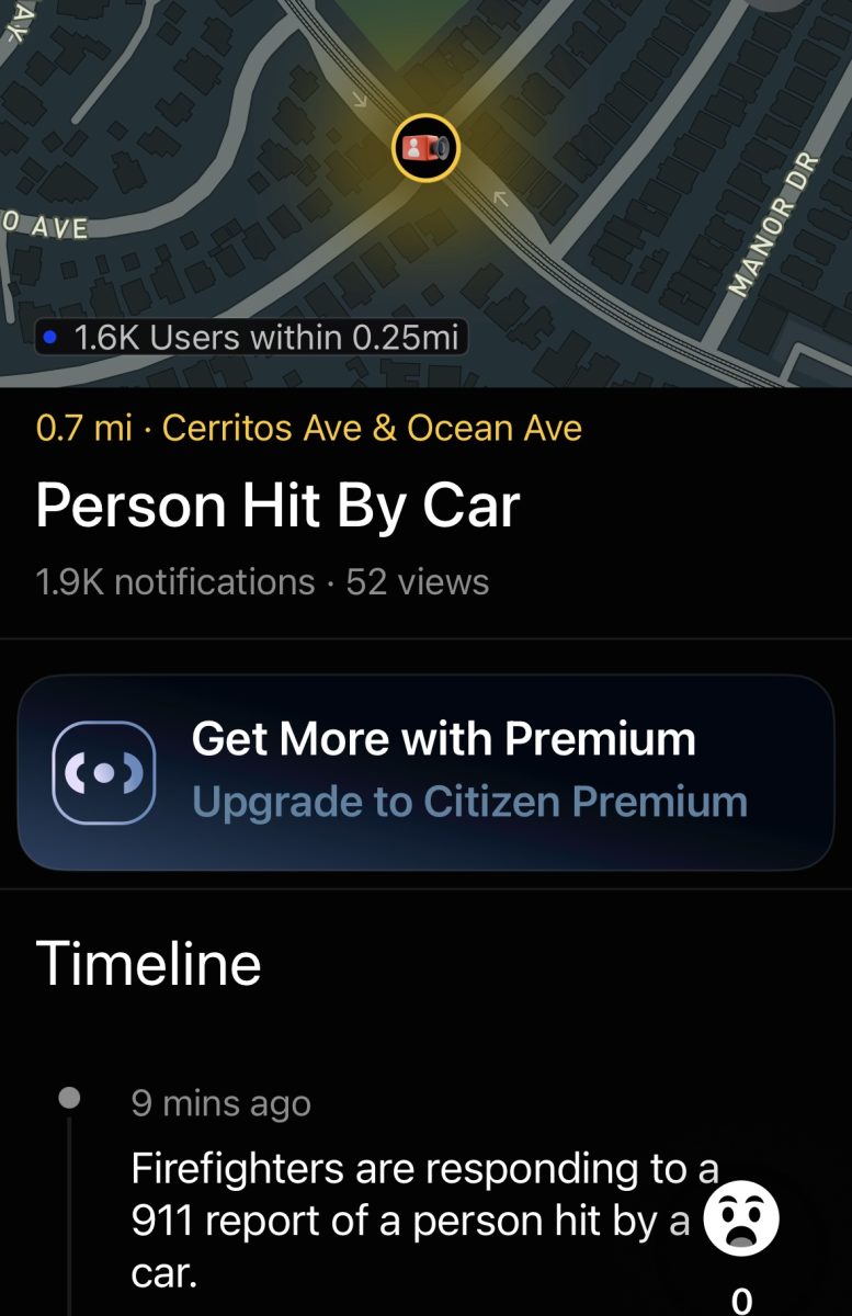 The Citizen app alerts residents that a person was hit by a car at the intersection of Cerritos and Ocean avenues. 