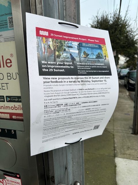 MUNI posted signs at all of the 29 bus stops to seek rider input before making decisions on removing stops. 