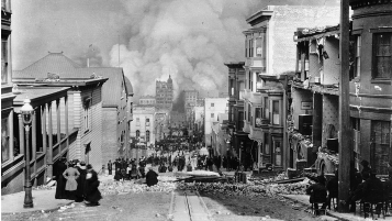 Crowds watch the fires set off by the earthquake in San Francisco in 1906.